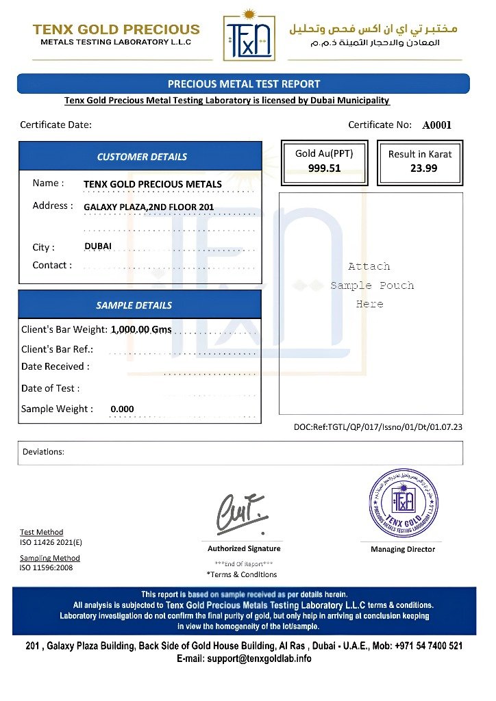 TENX Gold Precious Metals Testing Laboratory Official Precious Metal Test Report Certificate A0001